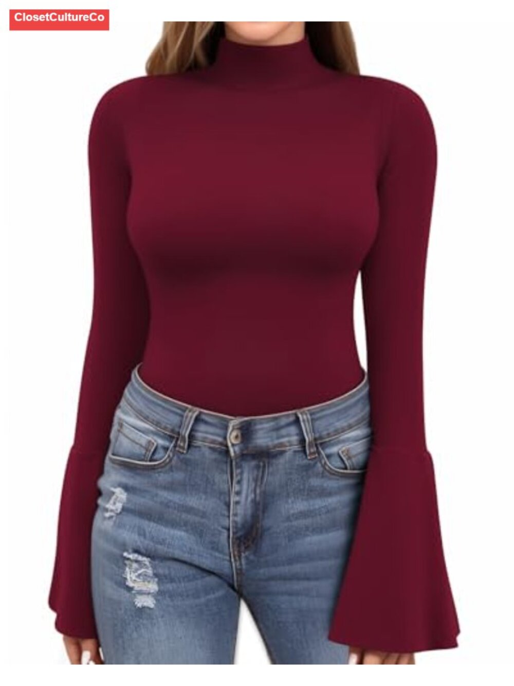 Mock Neck Bell Sleeve Top Long Sleeve Fitted Pullover Women's